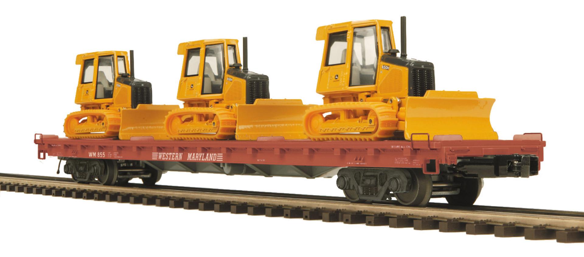 Western Maryland 60' Flat Car w/ (3) John Deere 650H Bull Dozers