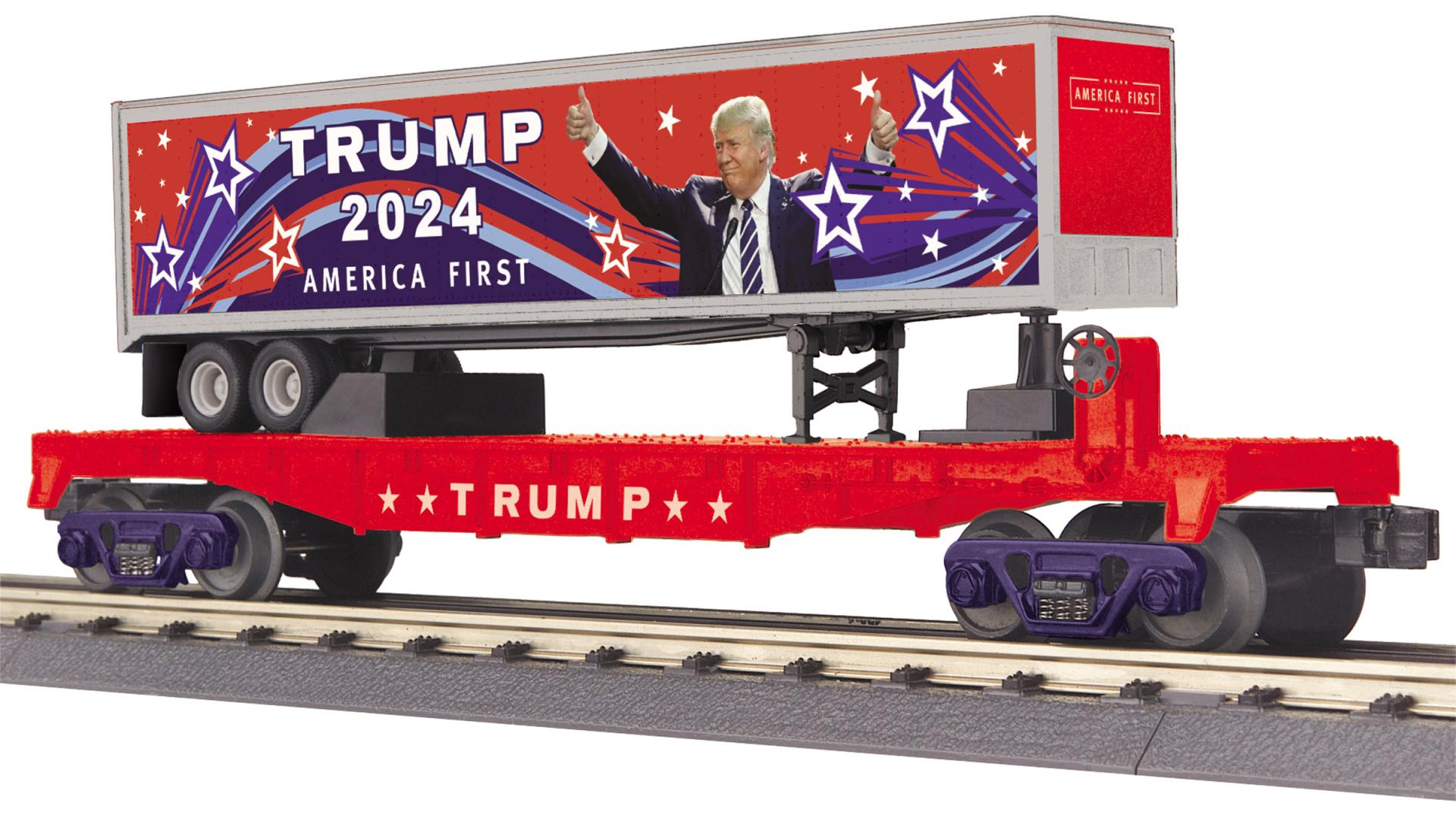 Donald J. Trump O Gauge RailKing Flat Car w/40’ Trailer