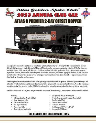 Atlas O Premier 2 Bay Offset Hopper Reading "Bethlehem Steel Made In PA Banner Car" #82163