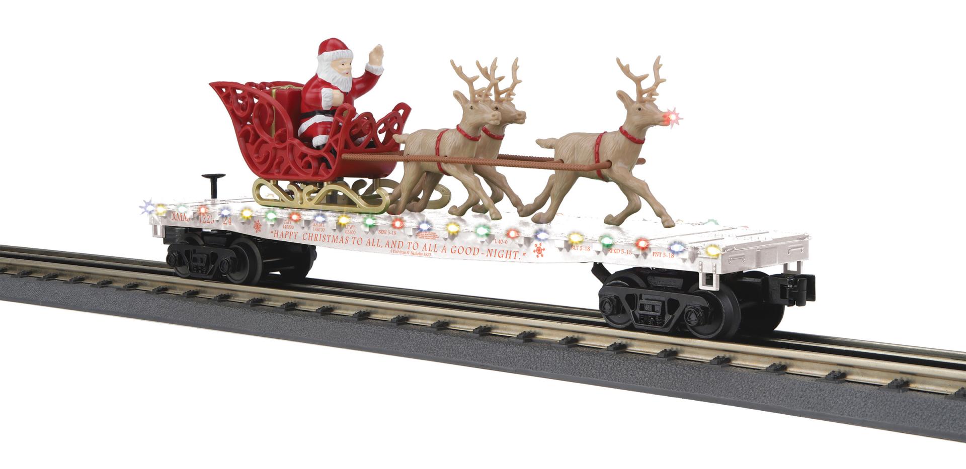 Christmas O Gauge RailKing Flat Car w/LED Lights, Santa Sleigh & Reindeer